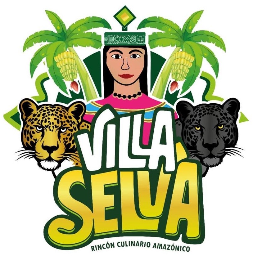 Logo original de Villa Selva, con una mujer amazónica y dos felinos
